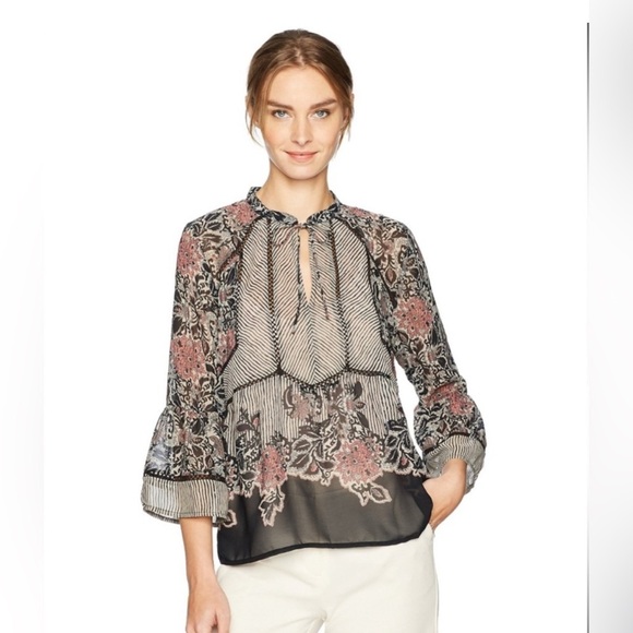 Lucky Brand Plus Sheer Mixed Print Bell Sleeve Peplum Peasant Top 2X Cottage - Picture 4 of 16